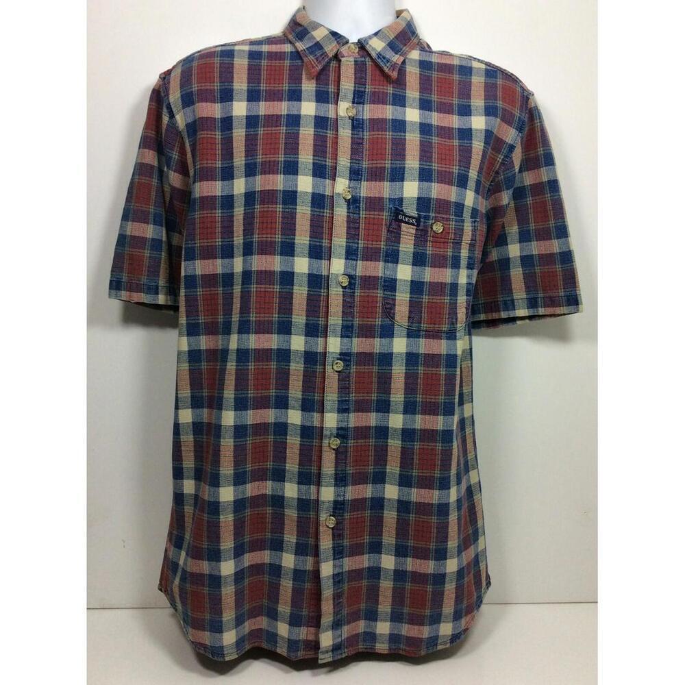 Vtg Guess Jeans Woven Button Down Shirt Men’s Size S  Red White Blue Plaid USA